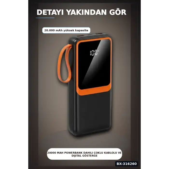 20000 mAh Powerbank Dahili Çoklu Kablolu ve Dijital Göstergeli Taşınabilir Şarj Cihazı BX-316260