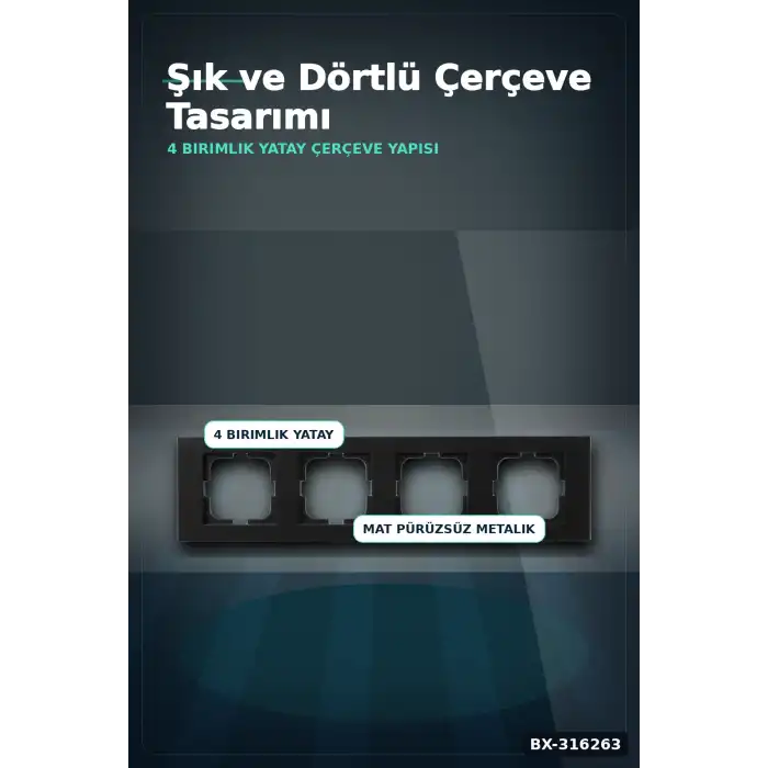 Dörtlü Çerçeve Metalik Siyah Grano Serisi Duvara Gömme Anahtar Priz 1 Adet BX-316263