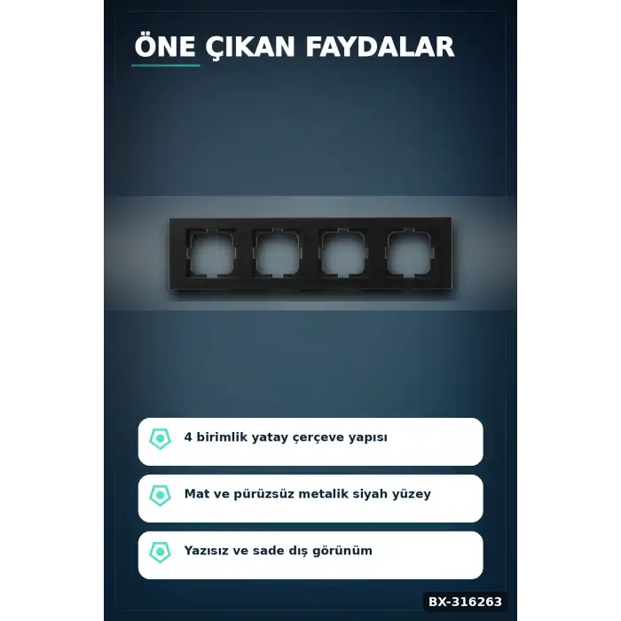 Dörtlü Çerçeve Metalik Siyah Grano Serisi Duvara Gömme Anahtar Priz 1 Adet BX-316263