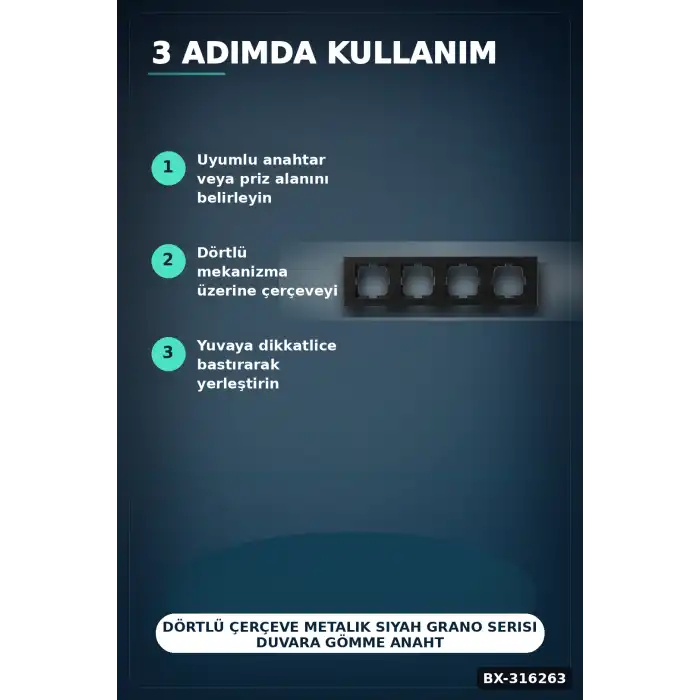 Dörtlü Çerçeve Metalik Siyah Grano Serisi Duvara Gömme Anahtar Priz 1 Adet BX-316263