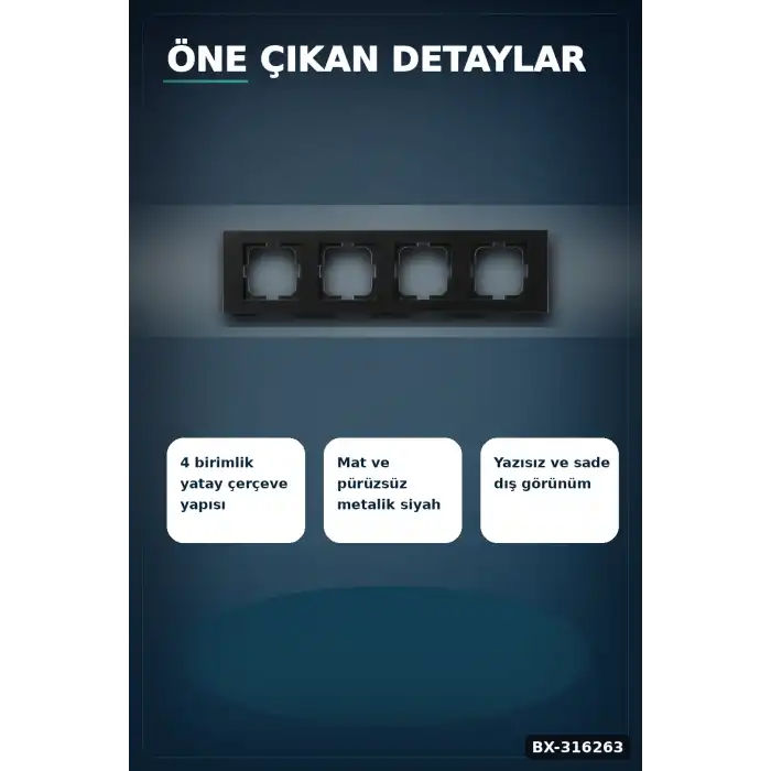 Dörtlü Çerçeve Metalik Siyah Grano Serisi Duvara Gömme Anahtar Priz 1 Adet BX-316263