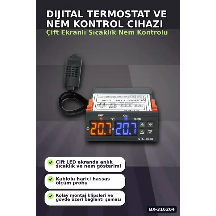 Dijital Termostat ve Nem Kontrol Cihazı Çift Ekranlı Kuluçka Sensörü 10A 220V BX-316264