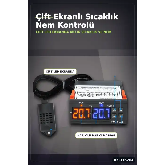 Dijital Termostat ve Nem Kontrol Cihazı Çift Ekranlı Kuluçka Sensörü 10A 220V BX-316264