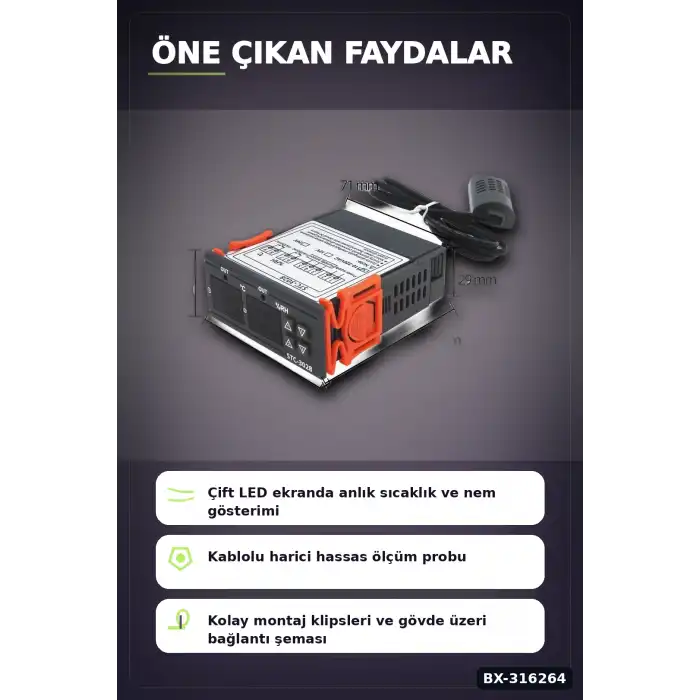Dijital Termostat ve Nem Kontrol Cihazı Çift Ekranlı Kuluçka Sensörü 10A 220V BX-316264