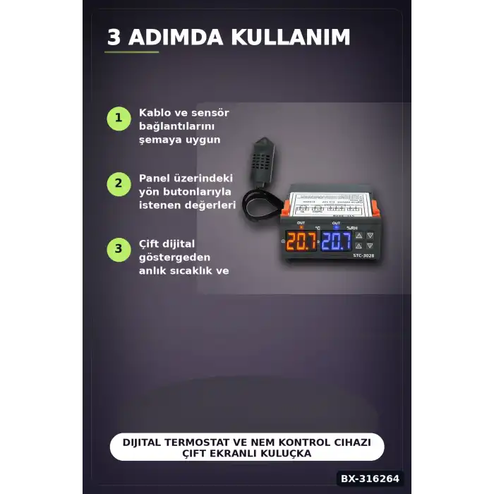 Dijital Termostat ve Nem Kontrol Cihazı Çift Ekranlı Kuluçka Sensörü 10A 220V BX-316264