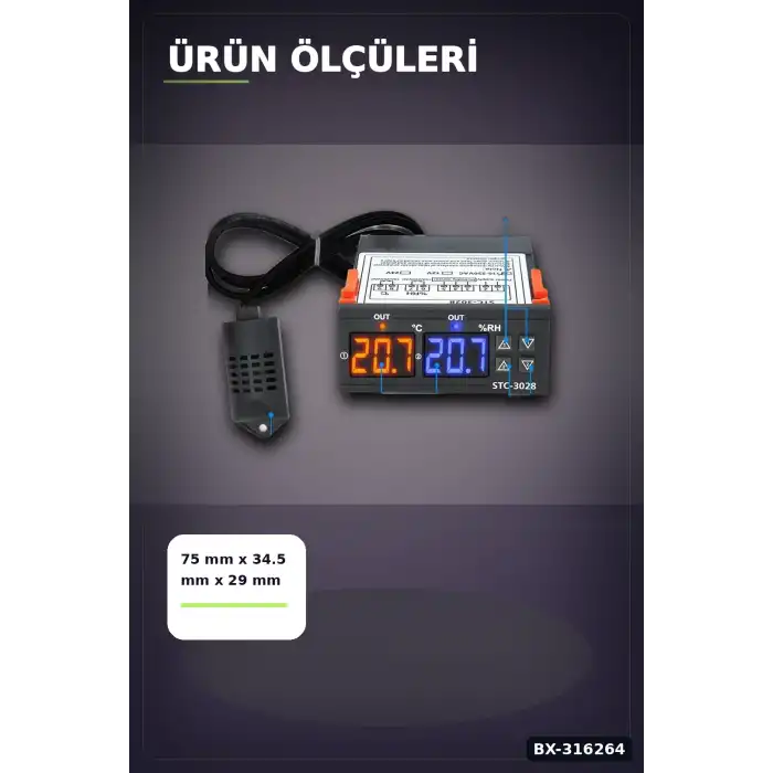 Dijital Termostat ve Nem Kontrol Cihazı Çift Ekranlı Kuluçka Sensörü 10A 220V BX-316264