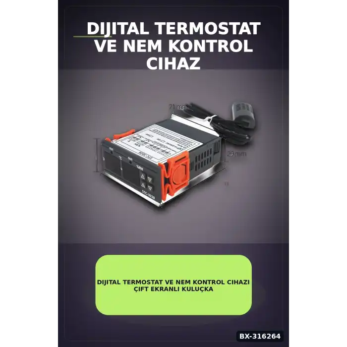 Dijital Termostat ve Nem Kontrol Cihazı Çift Ekranlı Kuluçka Sensörü 10A 220V BX-316264