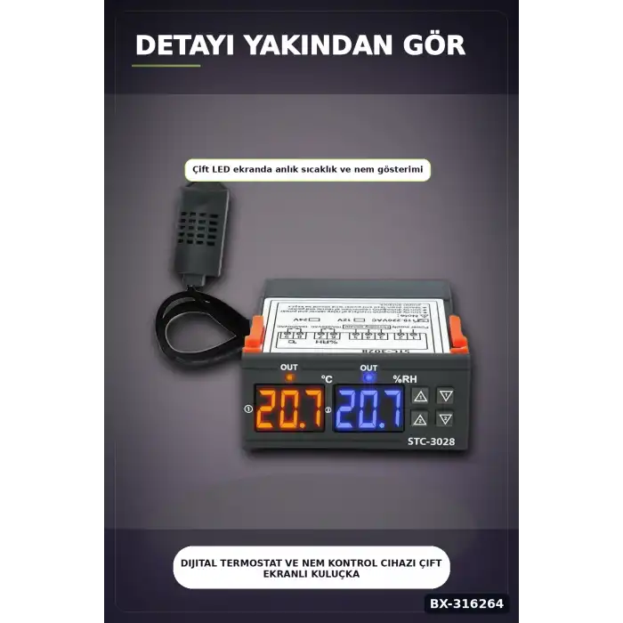 Dijital Termostat ve Nem Kontrol Cihazı Çift Ekranlı Kuluçka Sensörü 10A 220V BX-316264