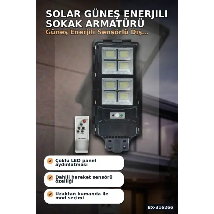 Solar Güneş Enerjili Sokak Armatürü 250W Sensörlü Kumandalı Beyaz Işık BX-316266