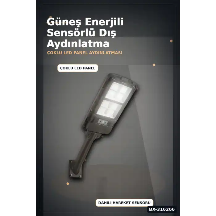 Solar Güneş Enerjili Sokak Armatürü 250W Sensörlü Kumandalı Beyaz Işık BX-316266