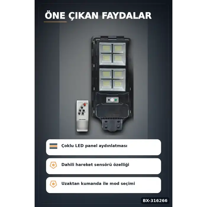 Solar Güneş Enerjili Sokak Armatürü 250W Sensörlü Kumandalı Beyaz Işık BX-316266