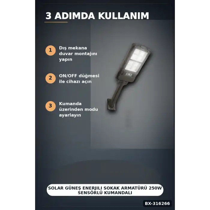 Solar Güneş Enerjili Sokak Armatürü 250W Sensörlü Kumandalı Beyaz Işık BX-316266
