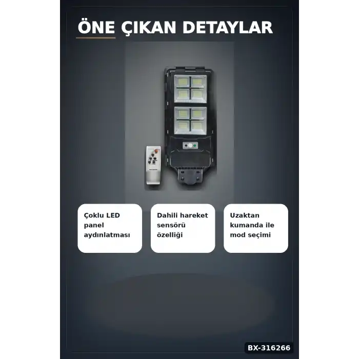 Solar Güneş Enerjili Sokak Armatürü 250W Sensörlü Kumandalı Beyaz Işık BX-316266