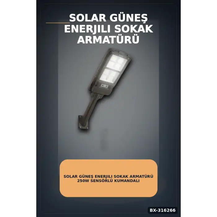 Solar Güneş Enerjili Sokak Armatürü 250W Sensörlü Kumandalı Beyaz Işık BX-316266