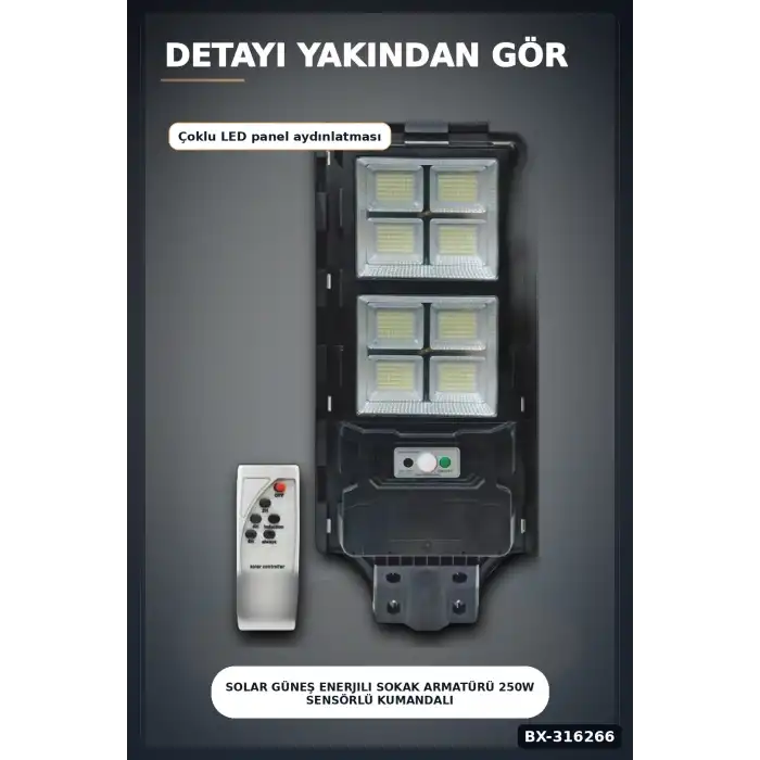 Solar Güneş Enerjili Sokak Armatürü 250W Sensörlü Kumandalı Beyaz Işık BX-316266