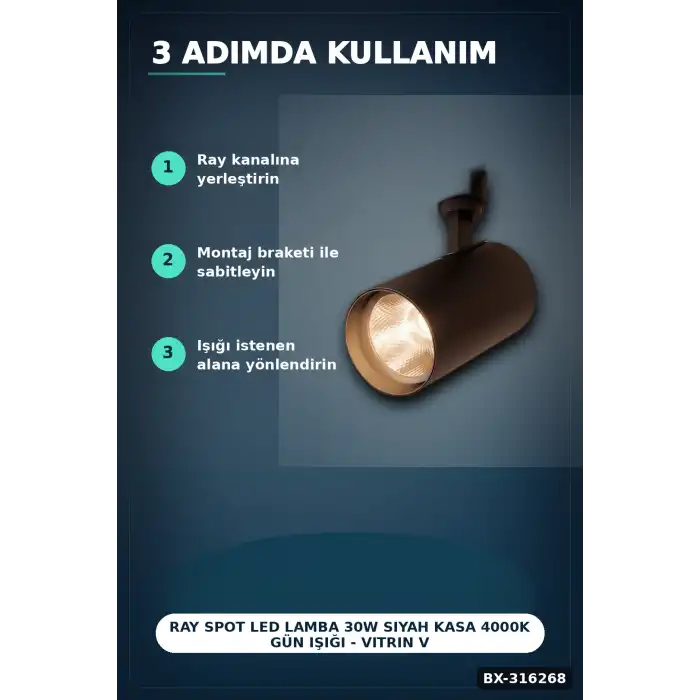 Ray Spot LED Lamba 30W Siyah Kasa 4000K Gün Işığı - Vitrin ve Mağaza Aydınlatması Tekli BX-316268