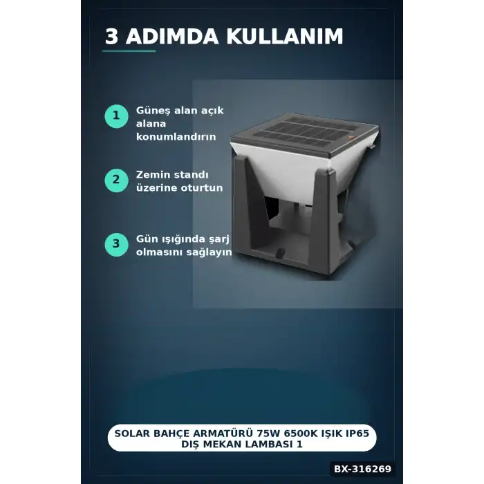 Solar Bahçe Armatürü 75W 6500K Işık IP65 Dış Mekan Lambası 1 Adet BX-316269
