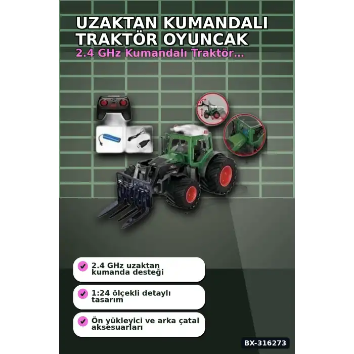 2.4 GHz Frekanslı Uzaktan Kumandalı Oyuncak Traktör, Çocuk Model Araç Seti BX-316273