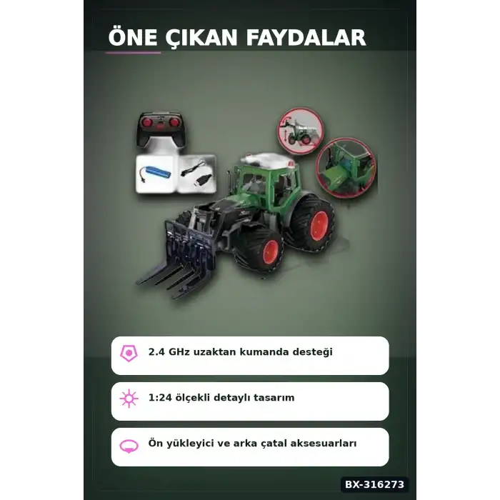2.4 GHz Frekanslı Uzaktan Kumandalı Oyuncak Traktör, Çocuk Model Araç Seti BX-316273