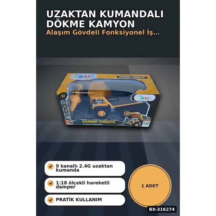 Uzaktan Kumandalı Dökme Kamyon 1:18 Alaşım Gövdeli 9 Kanallı Oyuncak İş Makinesi BX-316274