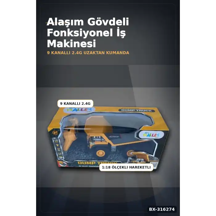 Uzaktan Kumandalı Dökme Kamyon 1:18 Alaşım Gövdeli 9 Kanallı Oyuncak İş Makinesi BX-316274