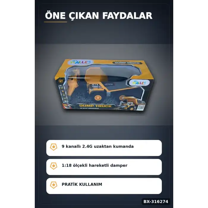 Uzaktan Kumandalı Dökme Kamyon 1:18 Alaşım Gövdeli 9 Kanallı Oyuncak İş Makinesi BX-316274
