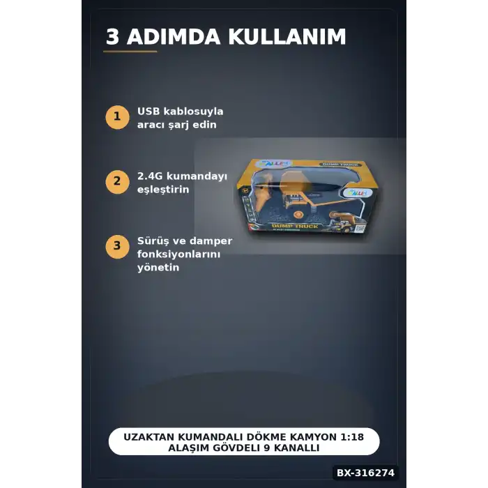 Uzaktan Kumandalı Dökme Kamyon 1:18 Alaşım Gövdeli 9 Kanallı Oyuncak İş Makinesi BX-316274