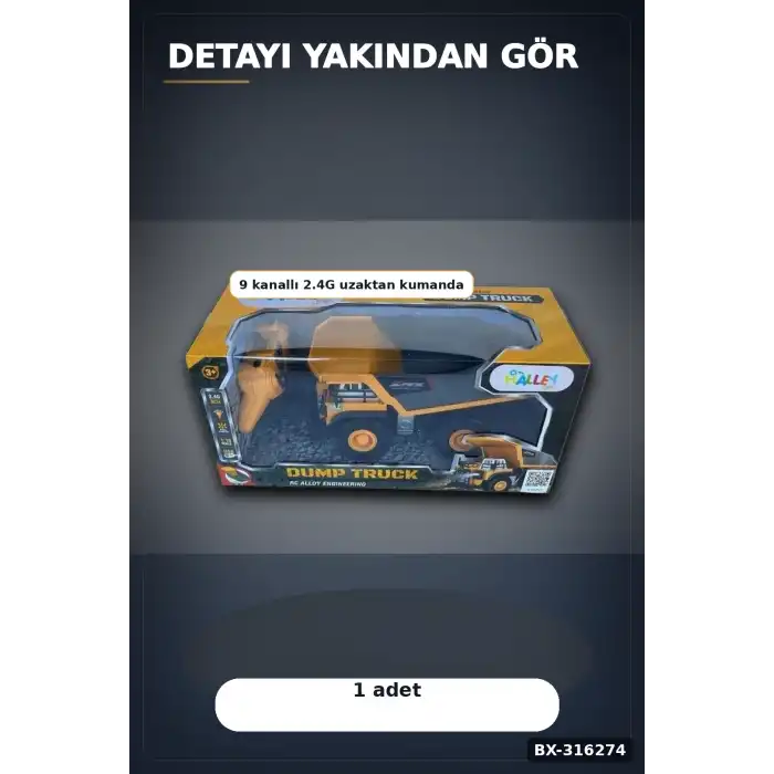 Uzaktan Kumandalı Dökme Kamyon 1:18 Alaşım Gövdeli 9 Kanallı Oyuncak İş Makinesi BX-316274