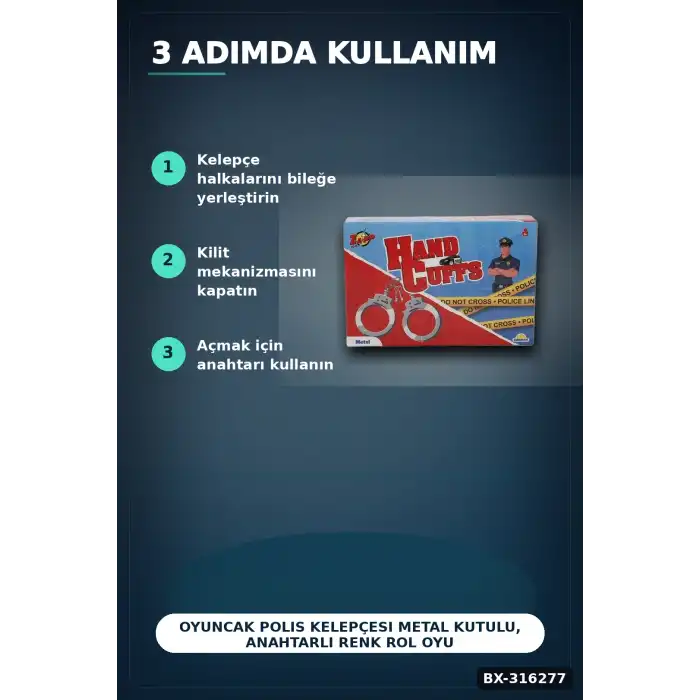 Oyuncak Polis Kelepçesi Metal Kutulu, Anahtarlı Renk Rol Oyunu Seti BX-316277