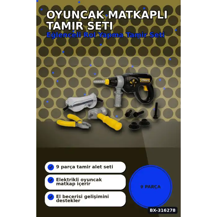 Oyuncak Matkaplı Tamir Seti Sesli ve Titreşimli 9 Parça Çocuk Oyun Set BX-316278