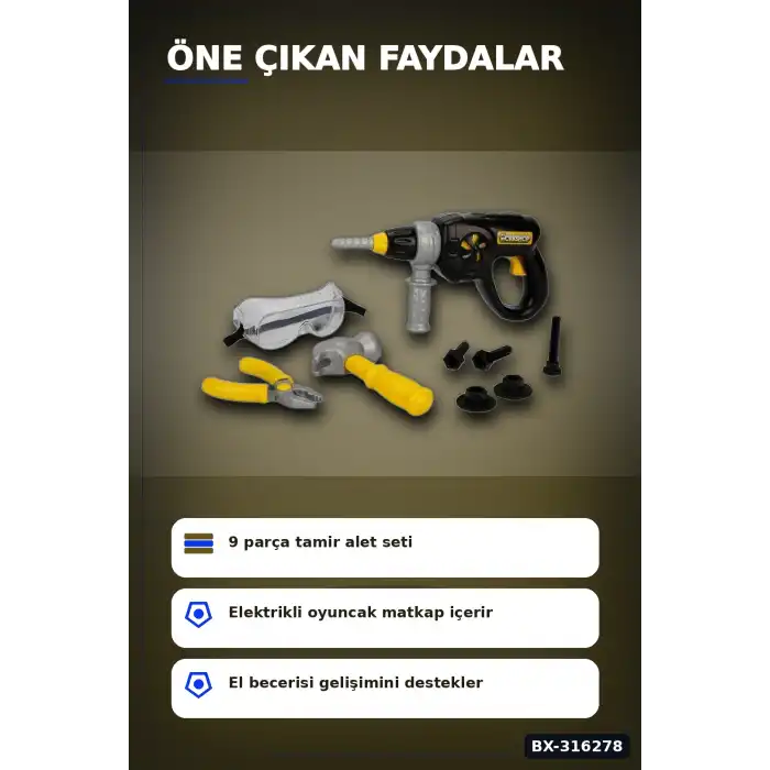 Oyuncak Matkaplı Tamir Seti Sesli ve Titreşimli 9 Parça Çocuk Oyun Set BX-316278