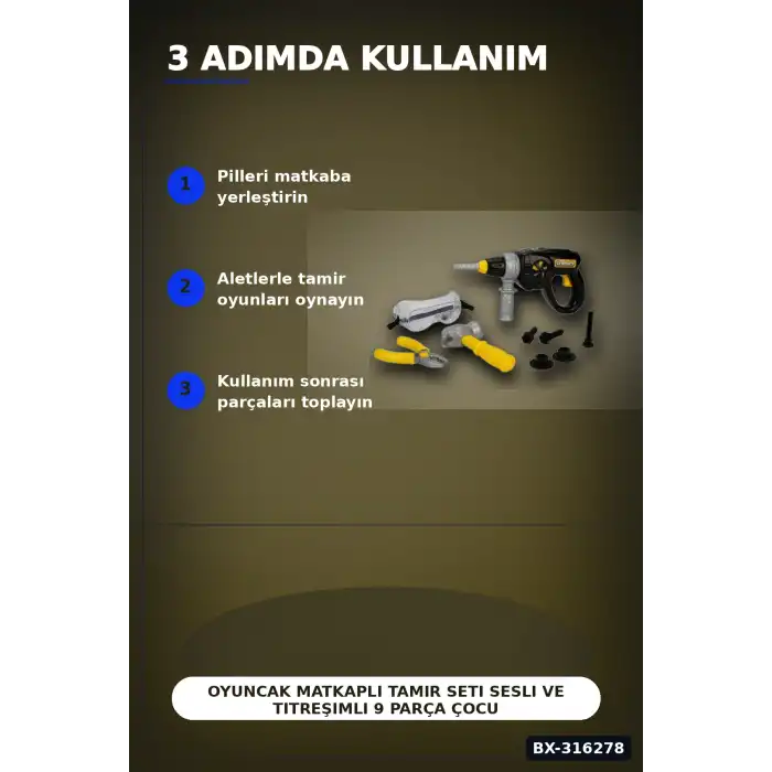 Oyuncak Matkaplı Tamir Seti Sesli ve Titreşimli 9 Parça Çocuk Oyun Set BX-316278