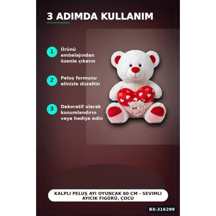 Kalpli Peluş Ayı Oyuncak 60 cm - Sevimli Ayıcık Figürü, Çocuk Hediyesi BX-316299