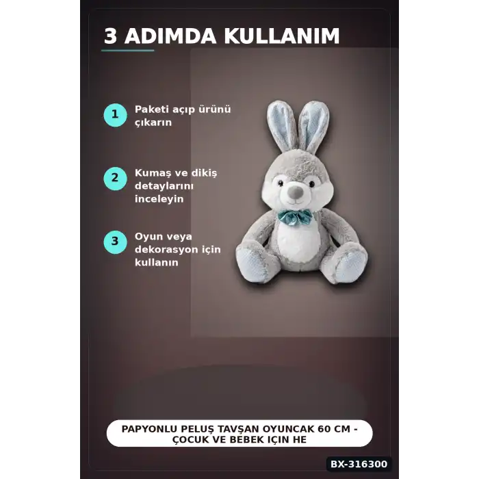 Papyonlu Peluş Tavşan Oyuncak 60 cm - Çocuk ve Bebek Için Hediye Figür BX-316300