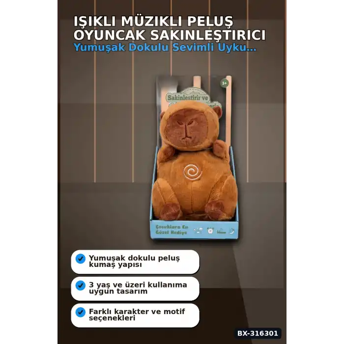 Işıklı Müzikli Peluş Oyuncak 28 cm Nefes Alan Hareketli Sakinleştirici Uyku Arkadaşı BX-316301