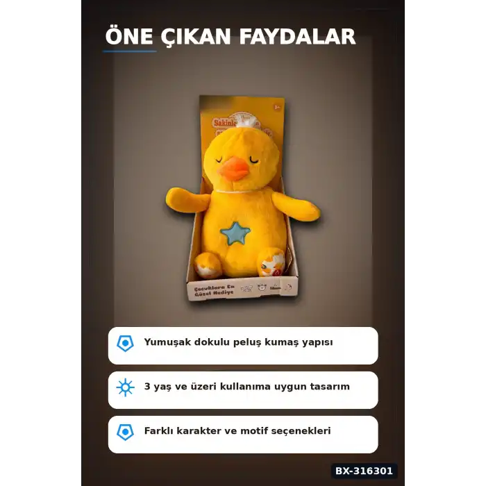 Işıklı Müzikli Peluş Oyuncak 28 cm Nefes Alan Hareketli Sakinleştirici Uyku Arkadaşı BX-316301
