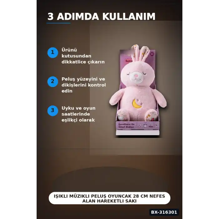 Işıklı Müzikli Peluş Oyuncak 28 cm Nefes Alan Hareketli Sakinleştirici Uyku Arkadaşı BX-316301