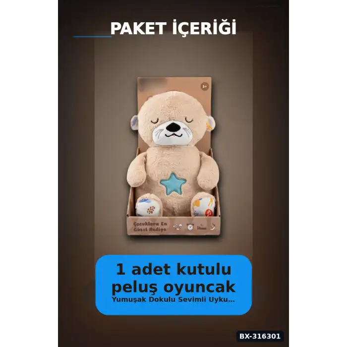 Işıklı Müzikli Peluş Oyuncak 28 cm Nefes Alan Hareketli Sakinleştirici Uyku Arkadaşı BX-316301