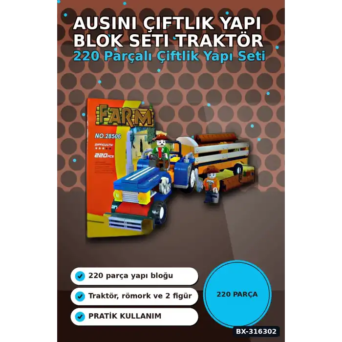 Ausini Çiftlik Yapı Blok Seti 220 Parça - Traktör ve Römorklu Çocuk Oyuncak BX-316302