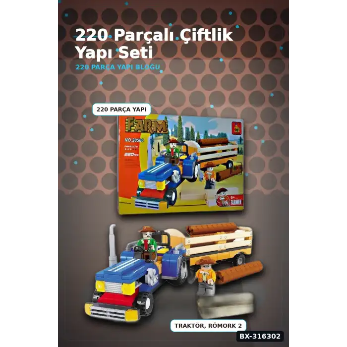 Ausini Çiftlik Yapı Blok Seti 220 Parça - Traktör ve Römorklu Çocuk Oyuncak BX-316302