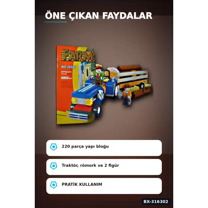 Ausini Çiftlik Yapı Blok Seti 220 Parça - Traktör ve Römorklu Çocuk Oyuncak BX-316302