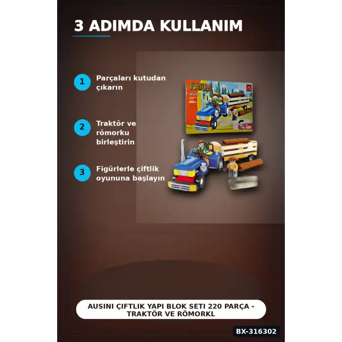Ausini Çiftlik Yapı Blok Seti 220 Parça - Traktör ve Römorklu Çocuk Oyuncak BX-316302