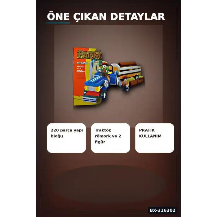 Ausini Çiftlik Yapı Blok Seti 220 Parça - Traktör ve Römorklu Çocuk Oyuncak BX-316302