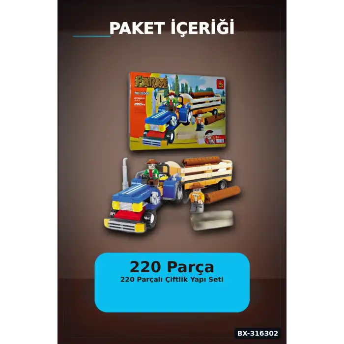 Ausini Çiftlik Yapı Blok Seti 220 Parça - Traktör ve Römorklu Çocuk Oyuncak BX-316302