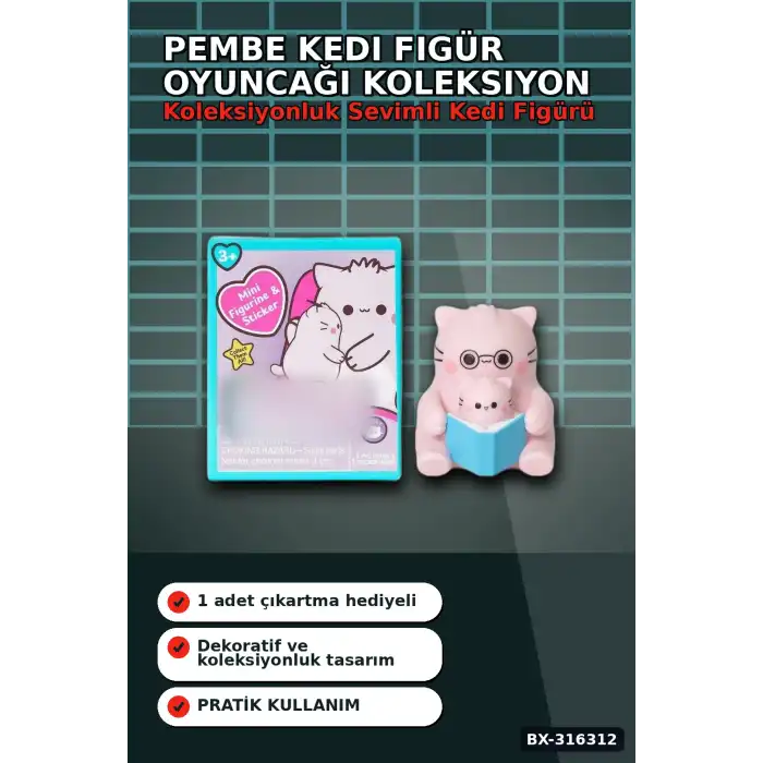 Pembe Kedi Figür Oyuncağı - 7.6 cm Sürpriz Paket Çıkartmalı Koleksiyonluk BX-316312