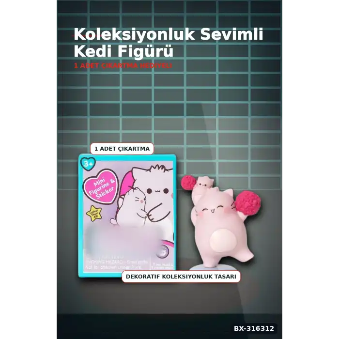 Pembe Kedi Figür Oyuncağı - 7.6 cm Sürpriz Paket Çıkartmalı Koleksiyonluk BX-316312