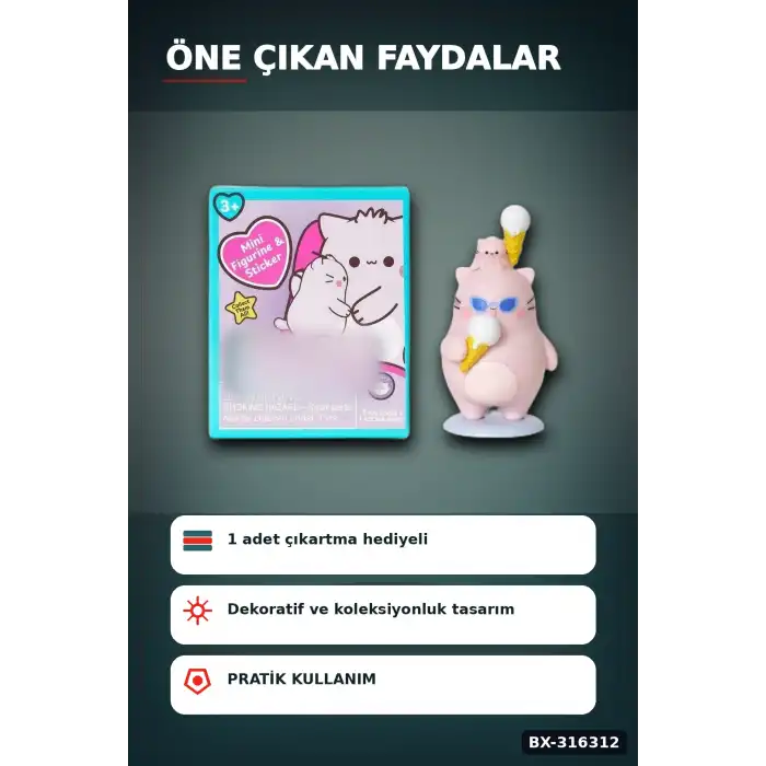 Pembe Kedi Figür Oyuncağı - 7.6 cm Sürpriz Paket Çıkartmalı Koleksiyonluk BX-316312