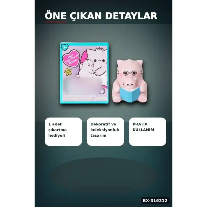 Pembe Kedi Figür Oyuncağı - 7.6 cm Sürpriz Paket Çıkartmalı Koleksiyonluk BX-316312
