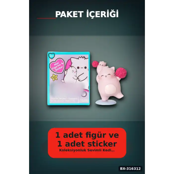 Pembe Kedi Figür Oyuncağı - 7.6 cm Sürpriz Paket Çıkartmalı Koleksiyonluk BX-316312