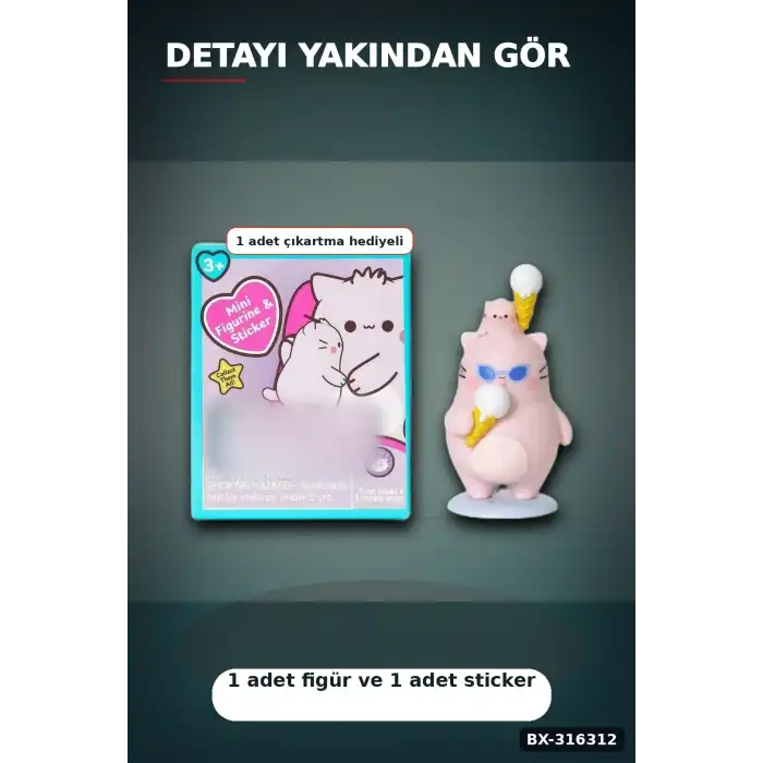 Pembe Kedi Figür Oyuncağı - 7.6 cm Sürpriz Paket Çıkartmalı Koleksiyonluk BX-316312